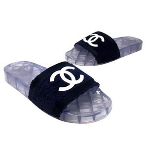 Chanel Terry Pool Slide - Navy / Clear Sole / Size 40 with Duster Bag and Box